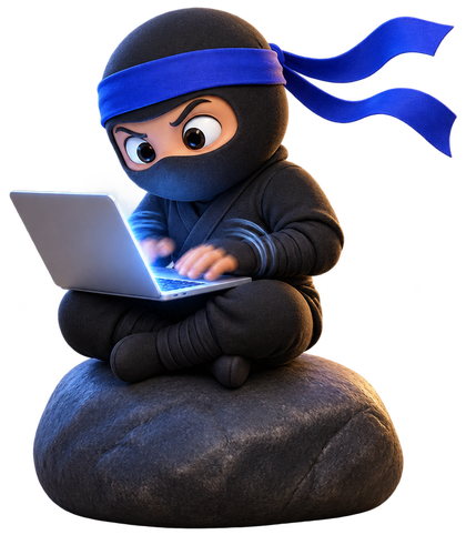 A cartoon ninja typing very fast on a laptop, sitting on a rock in a pond